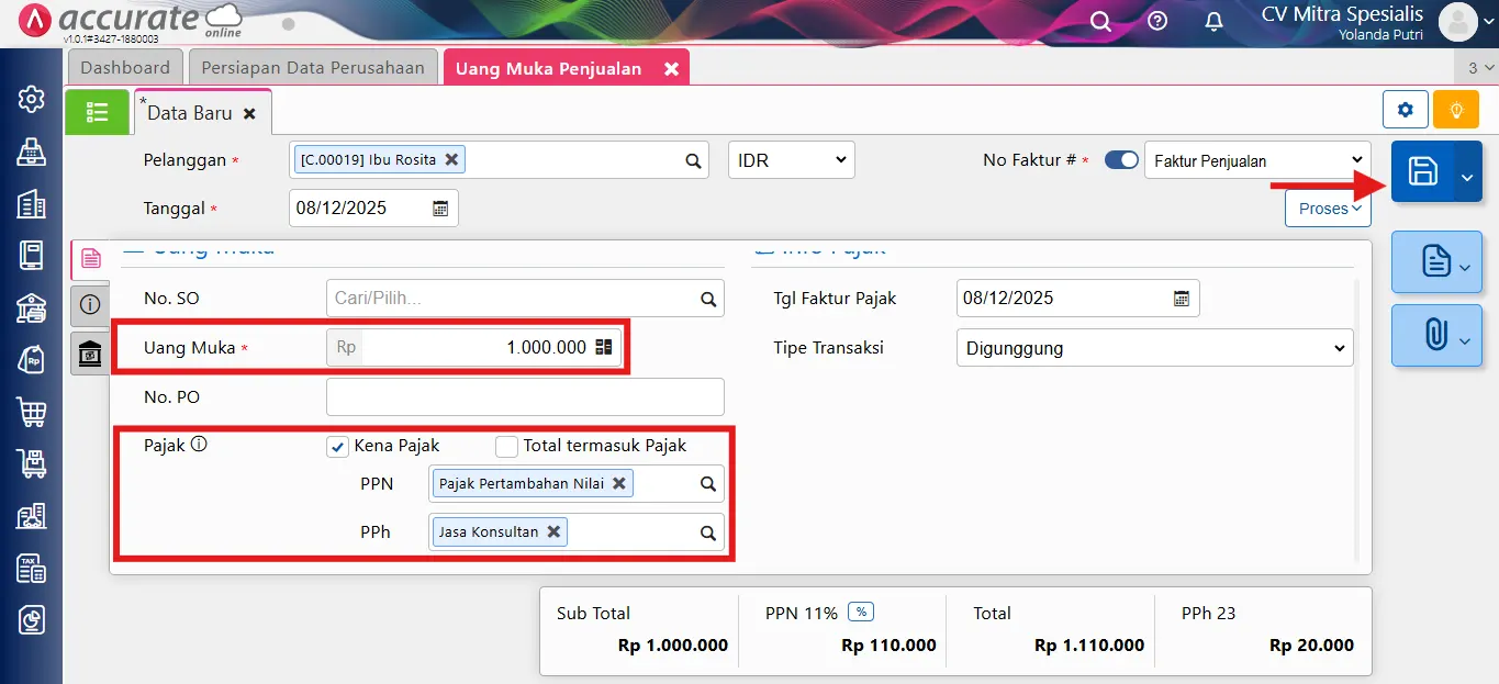 Cara mencatat uang muka dikenakan PPh 23
